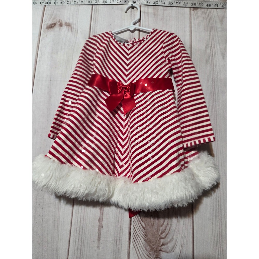 Bonnie Jean Girls Red White Striped Sequin‎ Faux Fur Christmas Dress Size 6